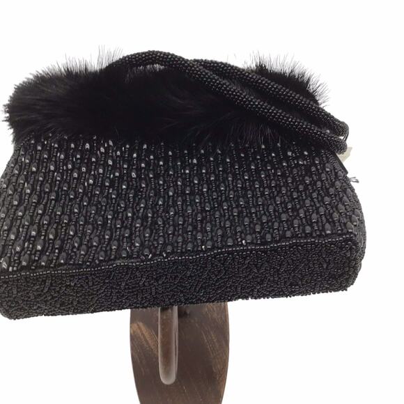 Mitchie’s Black Beaded Evening Bag Faux Fur Trim Top Handle Purse NWT Vintage - Picture 9 of 16
